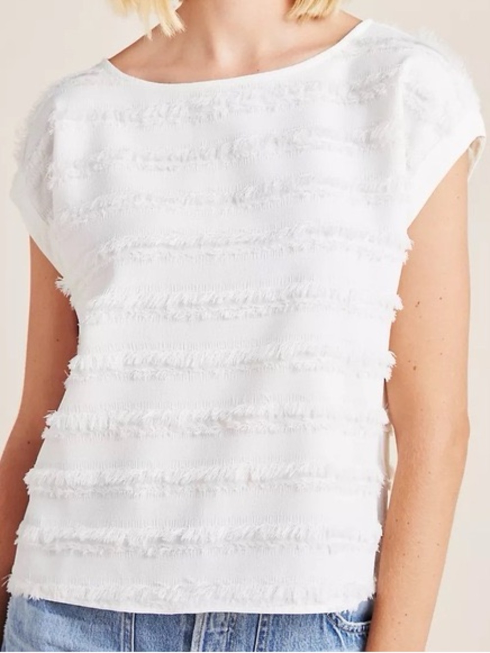 Anthropologie Maeve White Fringe Barton Stripe Cap-Sleeve Top Size 4